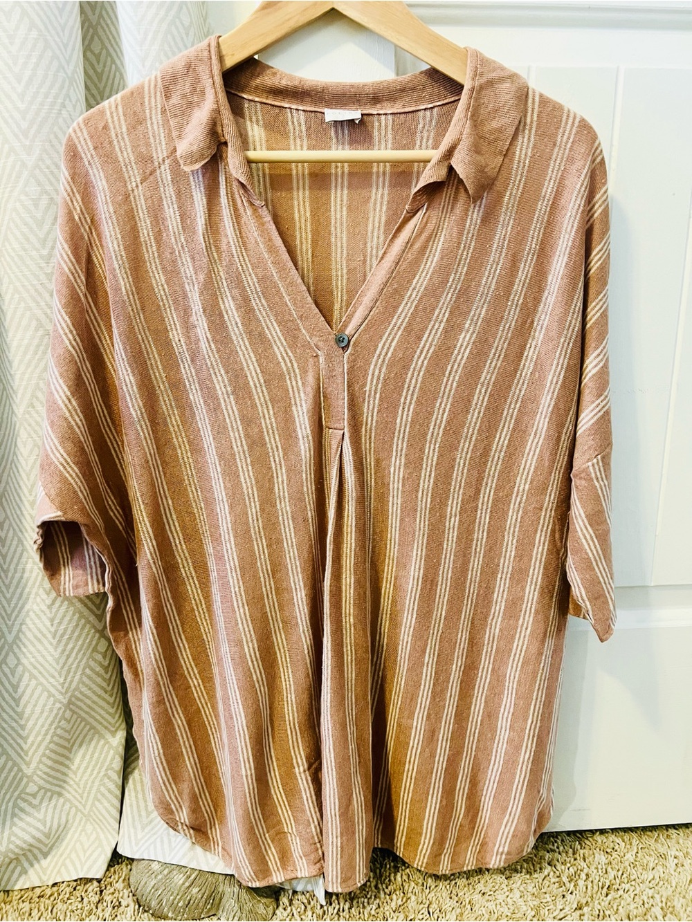 Poetry Women’s Striped Button-Front Tunic Top - Beige white pinstripe - One Size